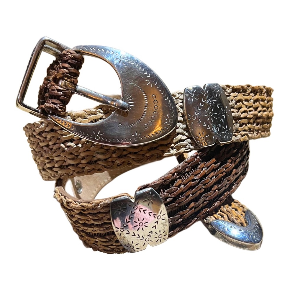 Street Ahead Tan & Brown Woven Belt with Silver Etched Buckle Sz 32”